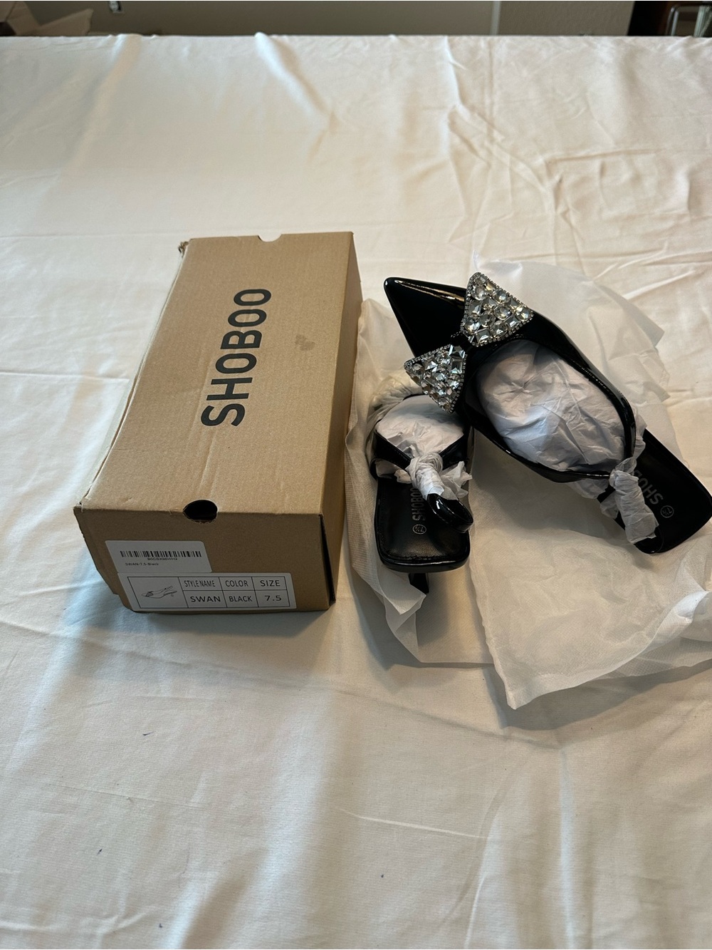 Shoboo- Black Patent Pointed Flats with Crystal Bow Accent